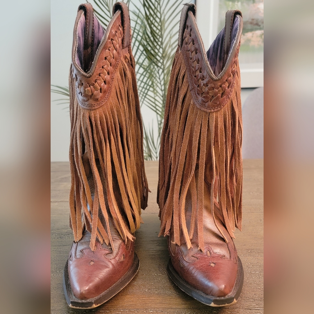 Dingo Brown Leather Fringe Western Cowboy Boots Size 8